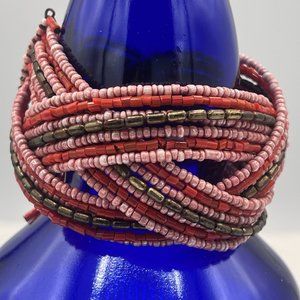 Vintage Boho Wide Pink Seed Bead Braided Cuff Bracelet - BR284